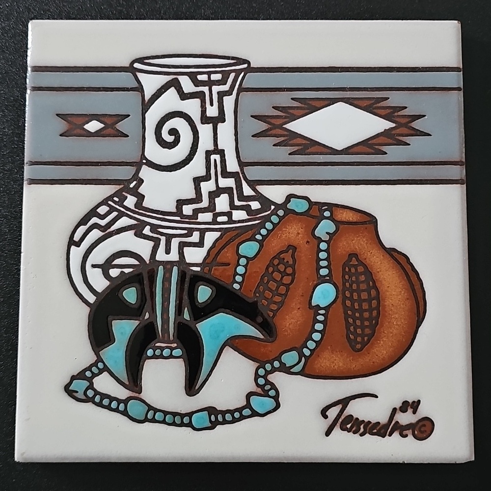 Vintage Signed Artist Cleo Teissedre Ceramic Tile w/ Southwestern Design 6" x 6"